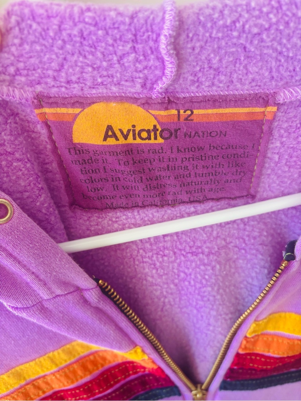 Aviator Nation kids Purple Zip-Up Hoodie with Rainbow Chest Stripes, size 12 - Picture 4 of 5